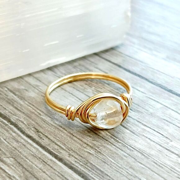 Dainty Clear Quartz Crystal Beaded Ring, Stackable Gemstone Wire Ring, Size 7.5 - Picture 1 of 3